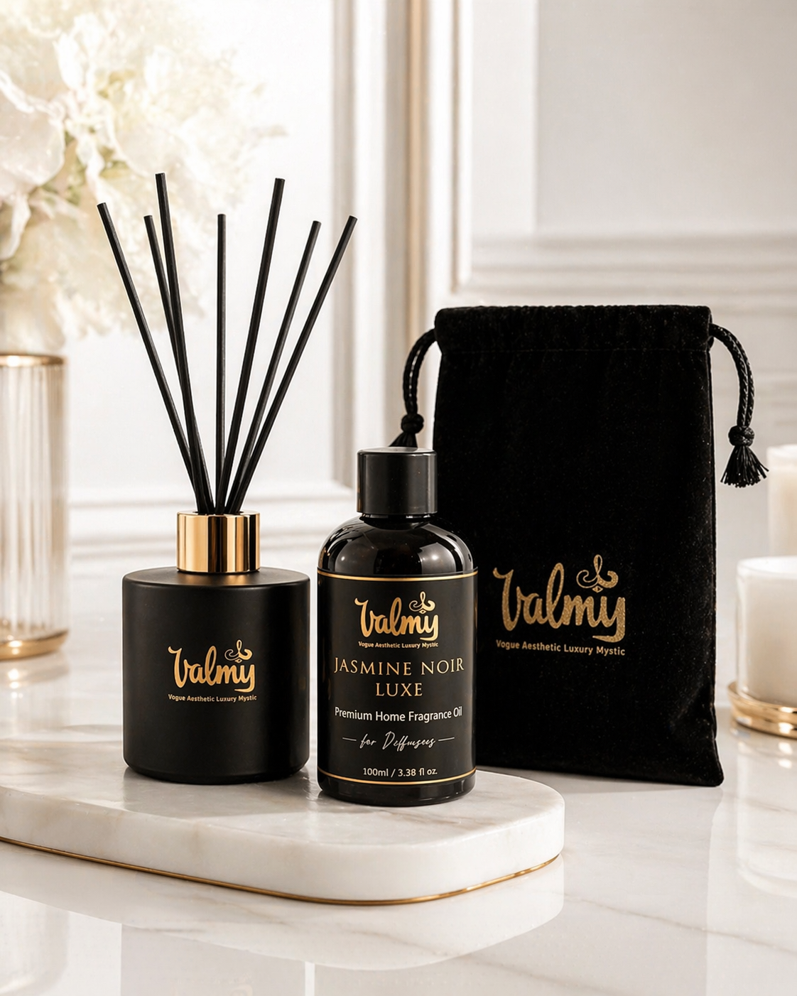 Jasmine Noir Luxe Reed Diffuser– Luxury Home Fragrance Inspired by Marriott Hotel Scent